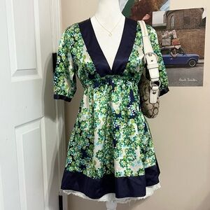 Y2K Green and Blue Floral V-Neck Blouse